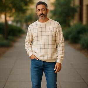 Fairway Sport Men’s XXL Sweater Beige Windowpane Plaid Crewneck Pullover Casual